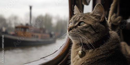 Cat Enjoying Scenic City View from Boat on Canal
