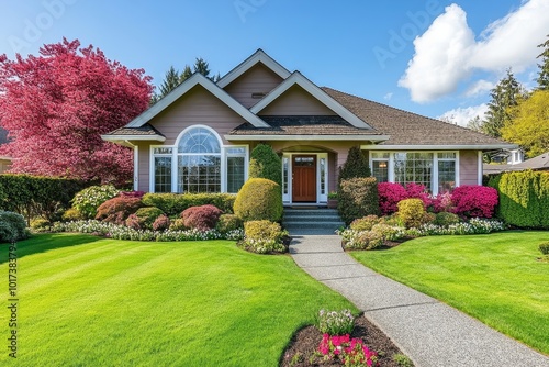 A beautiful house with a lush green lawn and a walkway leading to the front door.