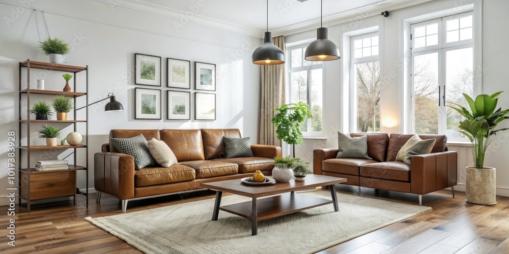 Fototapeta premium Bright white walls complement cozy brown furniture in this modern living room, offering an inspiring blend of style and comfort for your home interior ideas.