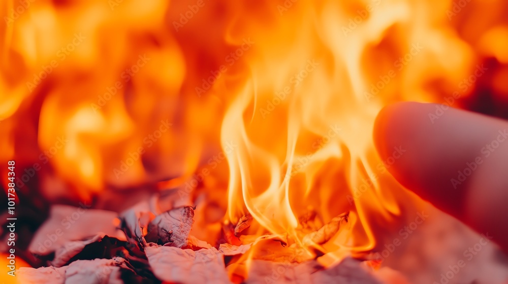 Closeup of paper scraps slowly burning with bright orange flames, creating curling edges, burning paper, fire and heat Closeup of paper scraps slowly burning with bright orange flames, creating curling edges, burning paper, fire and heat