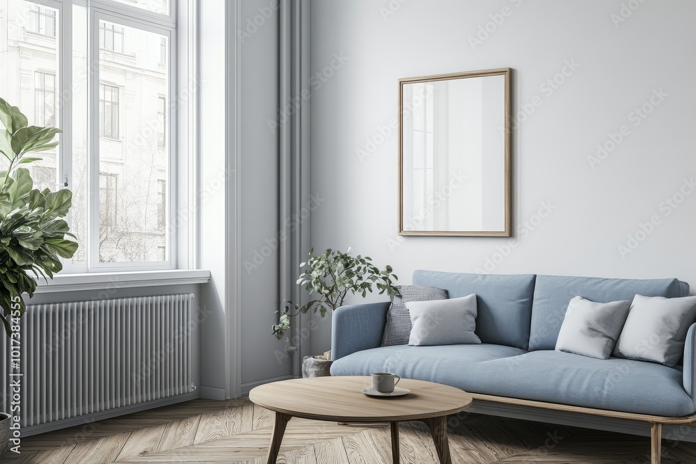 Naklejka premium A blue sofa with pillows sits in front of a large window, next to a round wooden coffee table with a cup of coffee, in a modern living room.