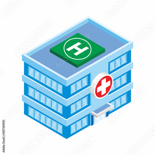 Isometric view of three floor of a hospital building with helipad on rooftop. Icon and symbol