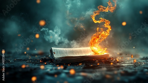 Torn documents being burned in an open flame, smoke rising in curls, symbolizing destruction and renewal, paper to ashes