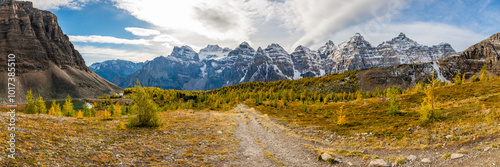 Beautiful fall time scenic views at Sentinal Pass, Larch Valley during September with light snow covering the incredible landscape in northern Canada, Banff National Park. 