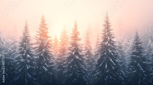 Snow-Covered Evergreen Trees in a Foggy Forest at Sunset