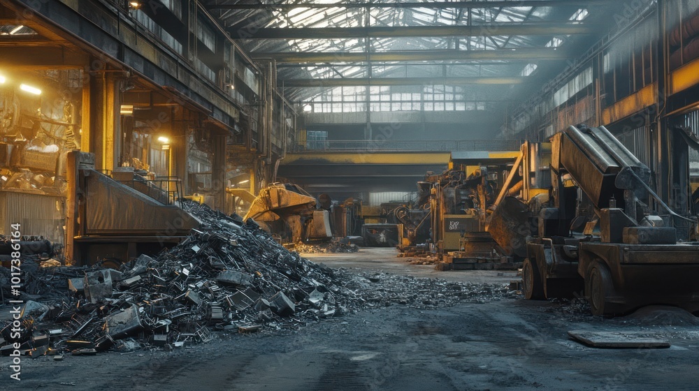 A modern iron recycling center where industrial robots break down old cars and machinery into iron parts, feeding them into a system for melting and reshaping into new forms. A modern iron recycling center where industrial robots break down old cars and machinery into iron parts, feeding them into a system for melting and reshaping into new forms.