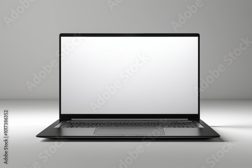 gray laptop with blank screen on solid background