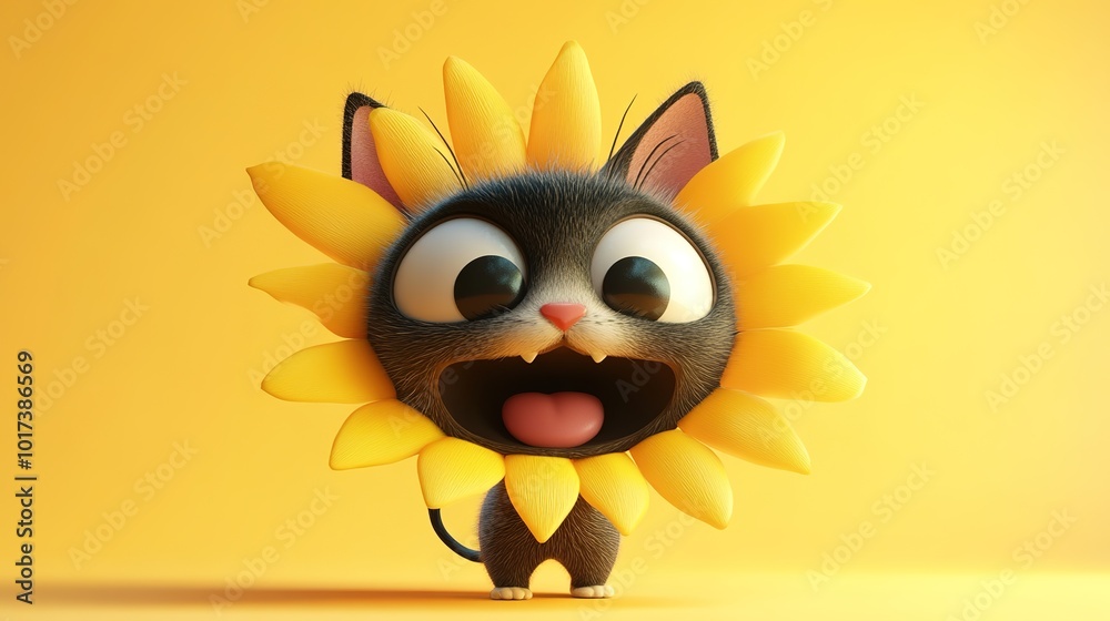 A stunning cat character with an open mouth and big, expressive eyes. Its hair is uniquely designed in the shape of a sunflower, creating a playful and whimsical appearance. A stunning cat character with an open mouth and big, expressive eyes. Its hair is uniquely designed in the shape of a sunflower, creating a playful and whimsical appearance.