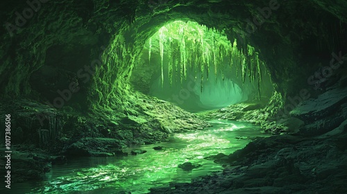 A mystical green cave with a flowing stream and a glowing light at the end.