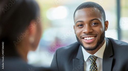 a smiling black man in a business attire, candidate at a job interview in an office setting