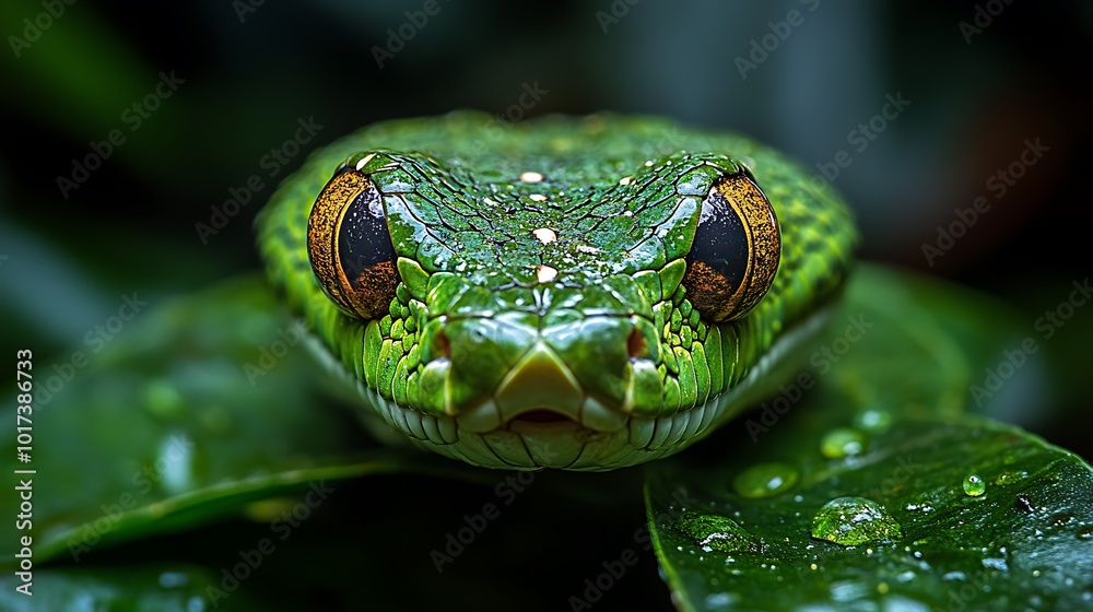 Close-up portrait of a green snake with orange eyes, looking directly at the camera, perched on green leaves with water droplets. Close-up portrait of a green snake with orange eyes, looking directly at the camera, perched on green leaves with water droplets.
