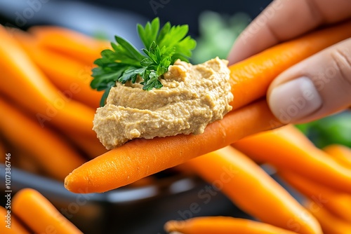 Person snacking on carrot sticks and hummus, showcasing a light yet energizing snack full of vitamins and fiber photo