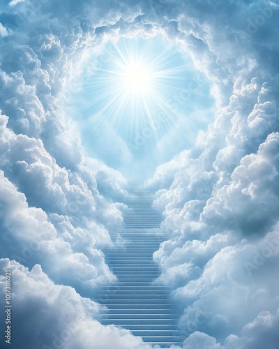 A stairway to heaven through fluffy clouds with a bright sun shining above.
