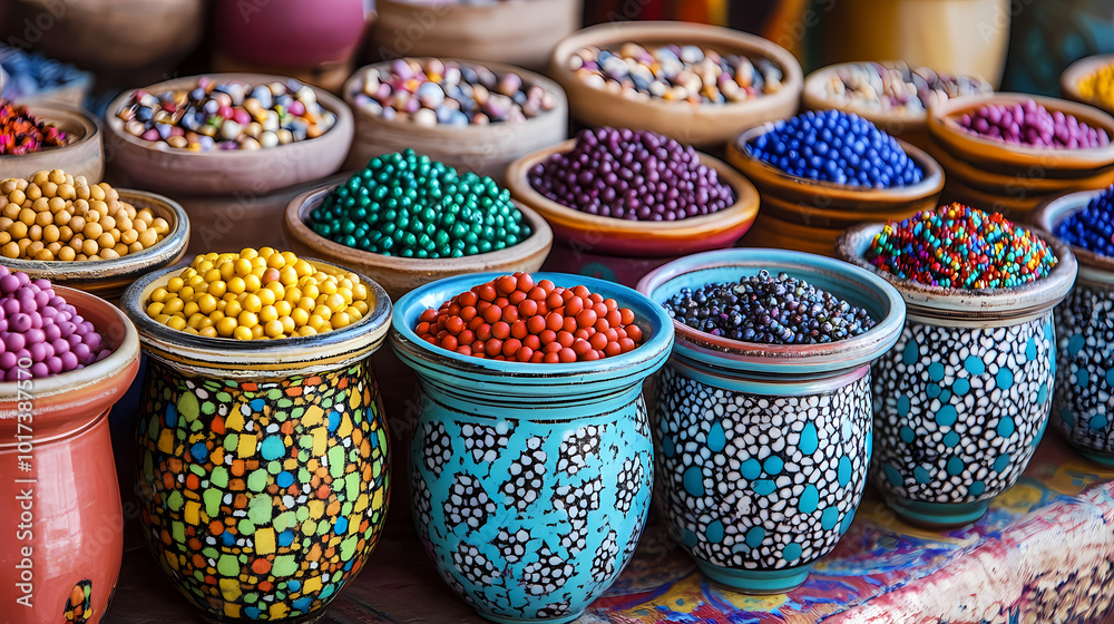 Colorful beads arranged in pots on a table. Moroccan Souk. Illustration Colorful beads arranged in pots on a table. Moroccan Souk. Illustration