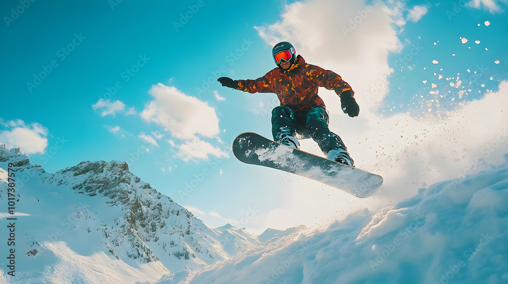 Snowboarder performing a jump in a snowy mountain landscape. Snowboarder performing a jump in a snowy mountain landscape.