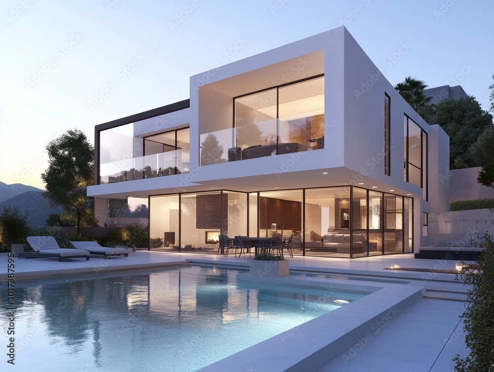 Fototapeta premium Modern white house with a pool and a fireplace.