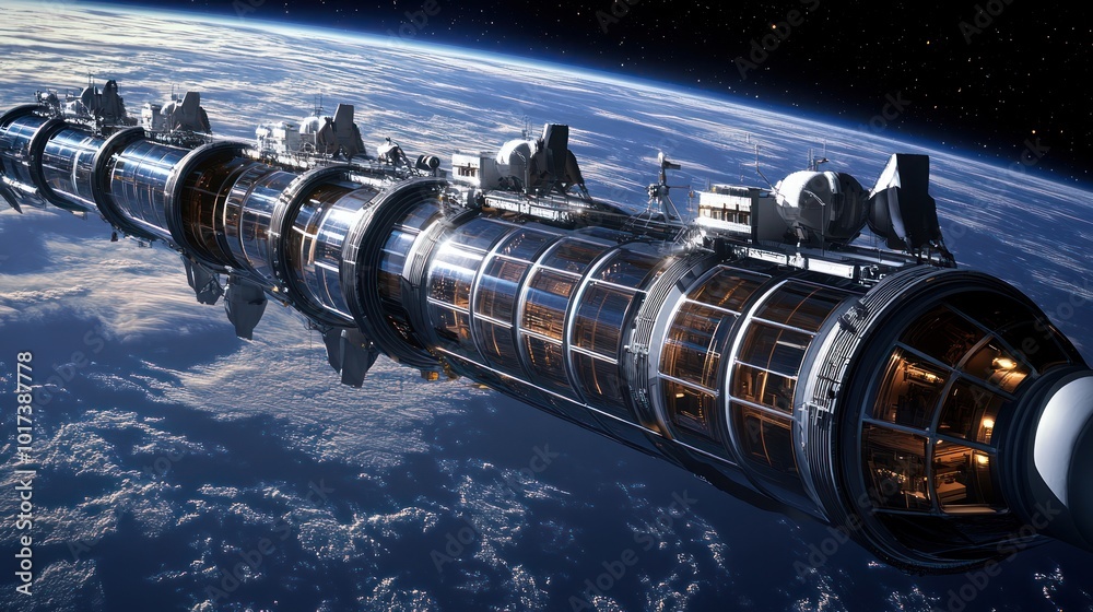 A self-sufficient space habitat orbiting a gas giant, with multiple ...