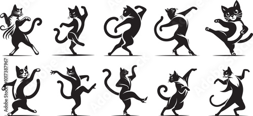 A cat performing a salsa dance move with a twist of its body vector style shape silhouette solid white background