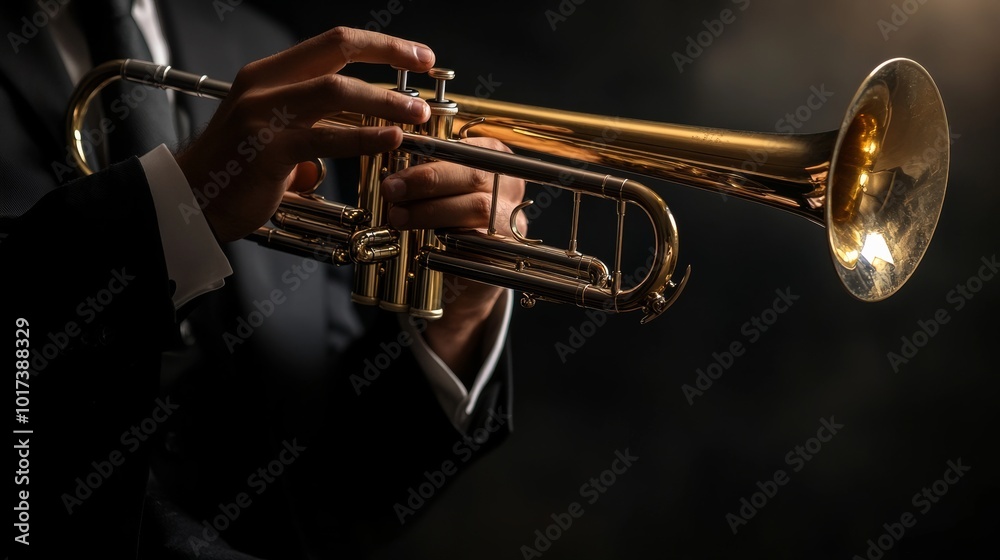 Obraz premium Musician in black suit, trumpet