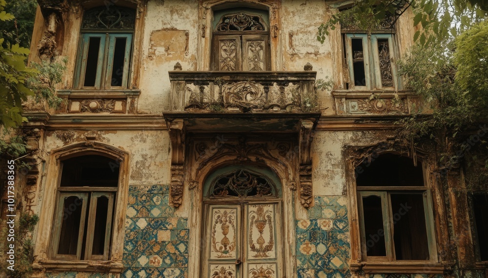Abandoned ornate building with a tiled facade and a balcony. Abandoned ornate building with a tiled facade and a balcony.