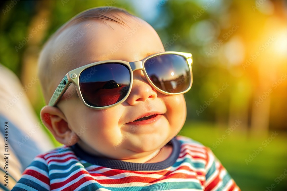 Baby boy smiling in sunglasses with playful expression Baby boy smiling in sunglasses with playful expression