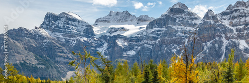 Beautiful fall time scenic views at Sentinal Pass, Larch Valley during September with light snow covering the incredible landscape in northern Canada, Banff National Park. 