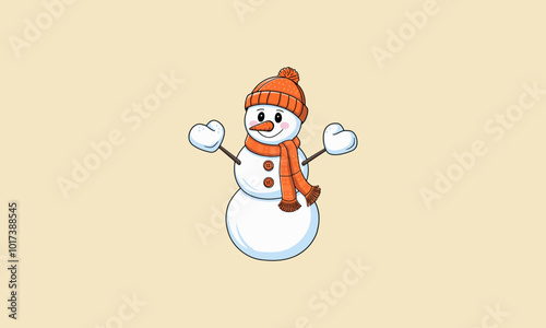 Cheerful snowman holding marshmallows on stick arms