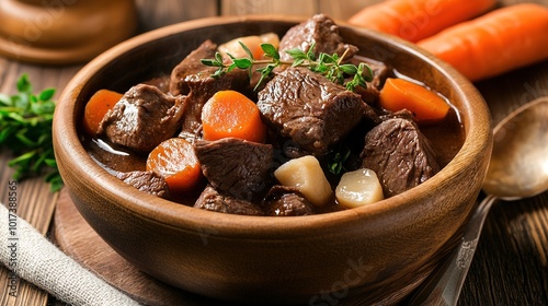 A rustic bowl of medieval reindeer stew, featuring tender chunks of meat slow-cooked with root vegetables and aromatic herbs. The stew is served in a handcrafted wooden bowl, photo