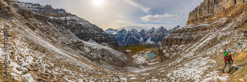 Valokuva Beautiful fall time scenic views at Sentinal Pass, Larch Valley during September with light snow covering the incredible landscape in northern Canada, Banff National Park