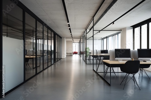 Modern open-plan office with glass walls, desks, black chairs, and computers on empty table, concrete floor, and well-lit ceiling fixtures.