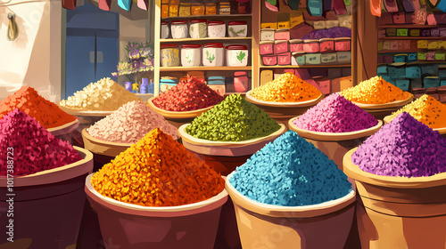 Colorful spices in a moroccan market. Moroccan Souk. Illustration