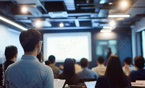 Asian corporate training workshop with professionals in casual attire listening to speaker on stage, taking notes at desks, modern decor and relaxed atmosphere.
