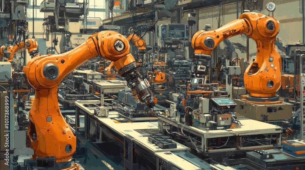 Industrial Robot Arm in Factory Setting Industrial Robot Arm in Factory Setting