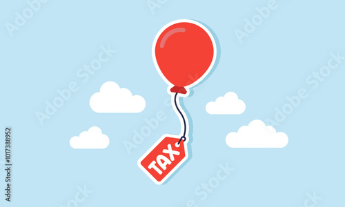 A balloon floating with a string attached to a tag labeled "TAX", illustrating the announcement strategy to inform companies about tax burdens