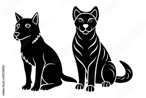  Cute Dog and cat sitting vector art illustration