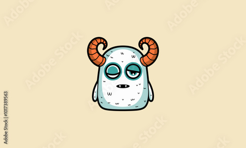 Sleepy monster with horns and a tired expression