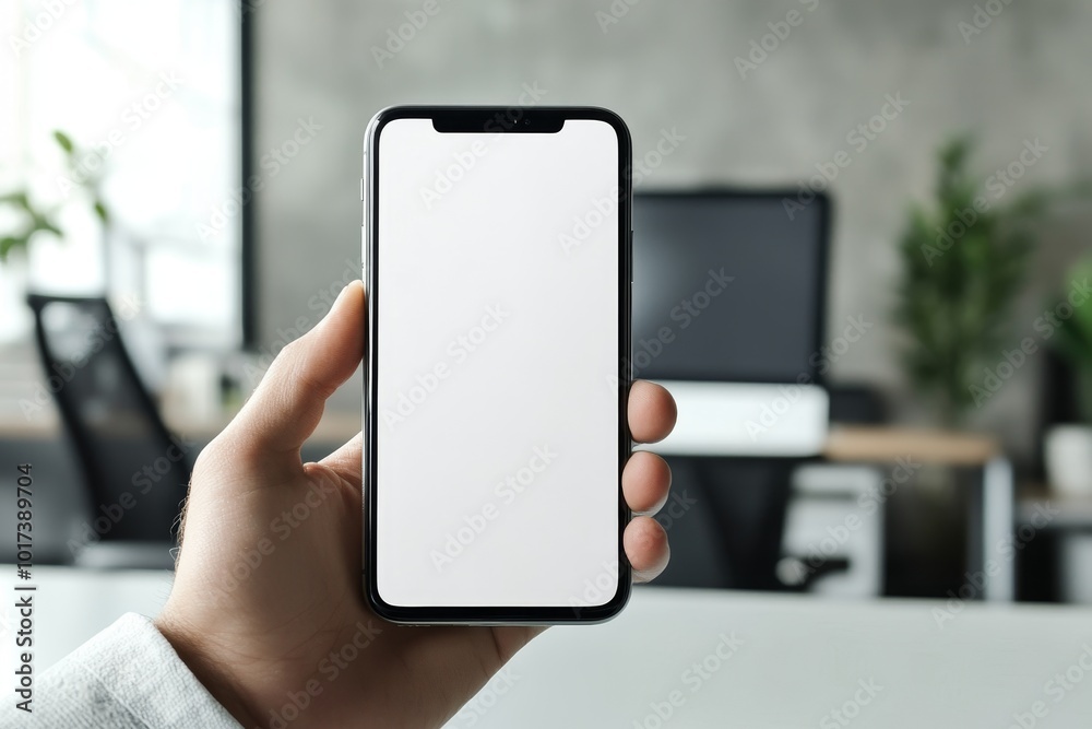 Hand holding a smartphone with a blank white screen in a blurred office setting. Hand holding a smartphone with a blank white screen in a blurred office setting.