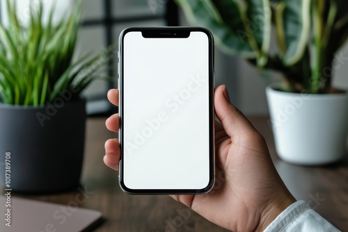 Hand holding a smartphone with a blank white screen.