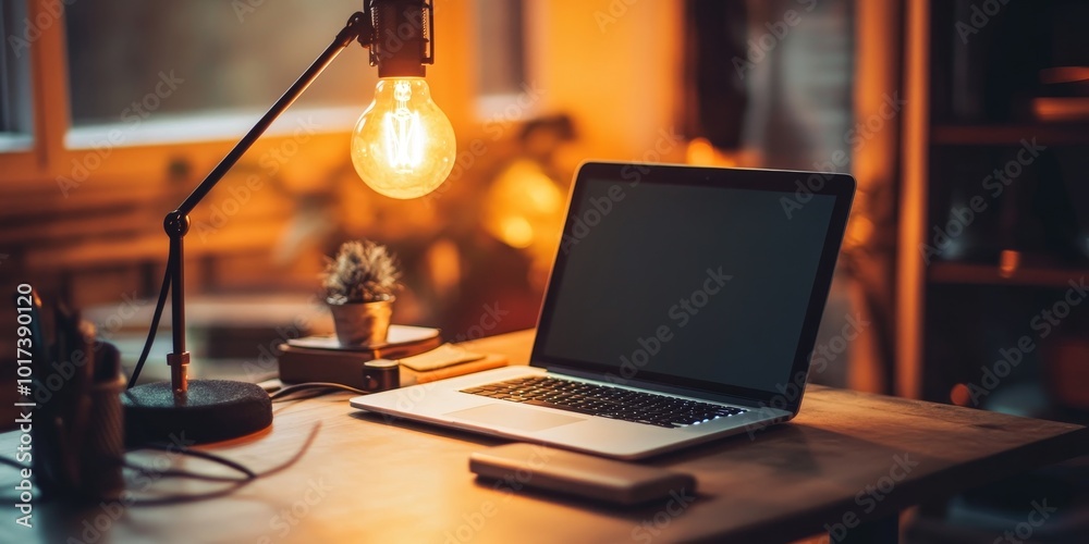 A laptop computer sits on a wooden desk with a desk lamp turned on. A laptop computer sits on a wooden desk with a desk lamp turned on.