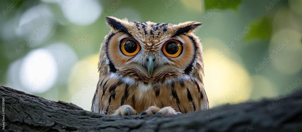 A brown and white owl with large, bright yellow eyes perched on a branch. A brown and white owl with large, bright yellow eyes perched on a branch.