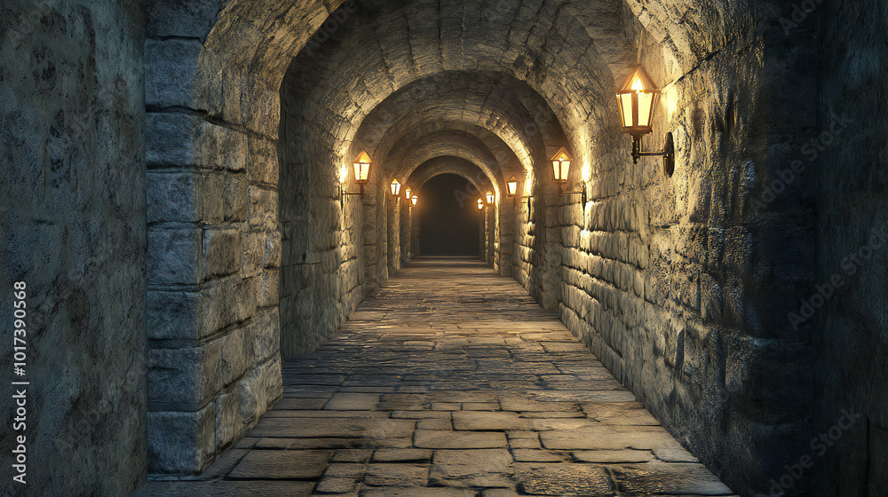 Obraz premium Eerie spooky castle with stone walls haunted corridors hidden dungeons creaking doors photorealistic style atmospheric lighting wideangle