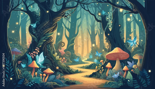 Mystical woodland with ancient trees lush vegetation and sparkling fairy lights background