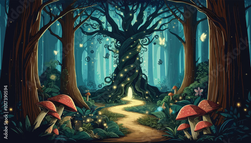 Mystical woodland with ancient trees lush vegetation and sparkling fairy lights background