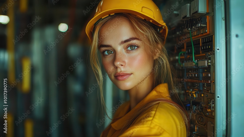 professional electrician woman skillfully installing a modern electric switchboard bright tools contrast against the industrial backdrop showcasing a focus on precision and empowerment professional electrician woman skillfully installing a modern electric switchboard bright tools contrast against the industrial backdrop showcasing a focus on precision and empowerment