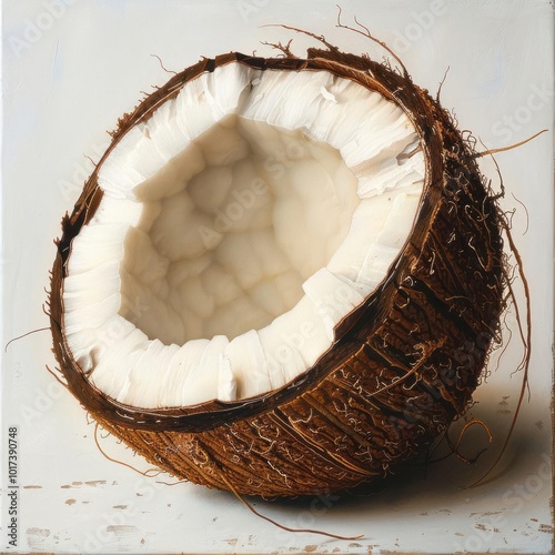 a half eaten coconut sitting on top of a white surface photo