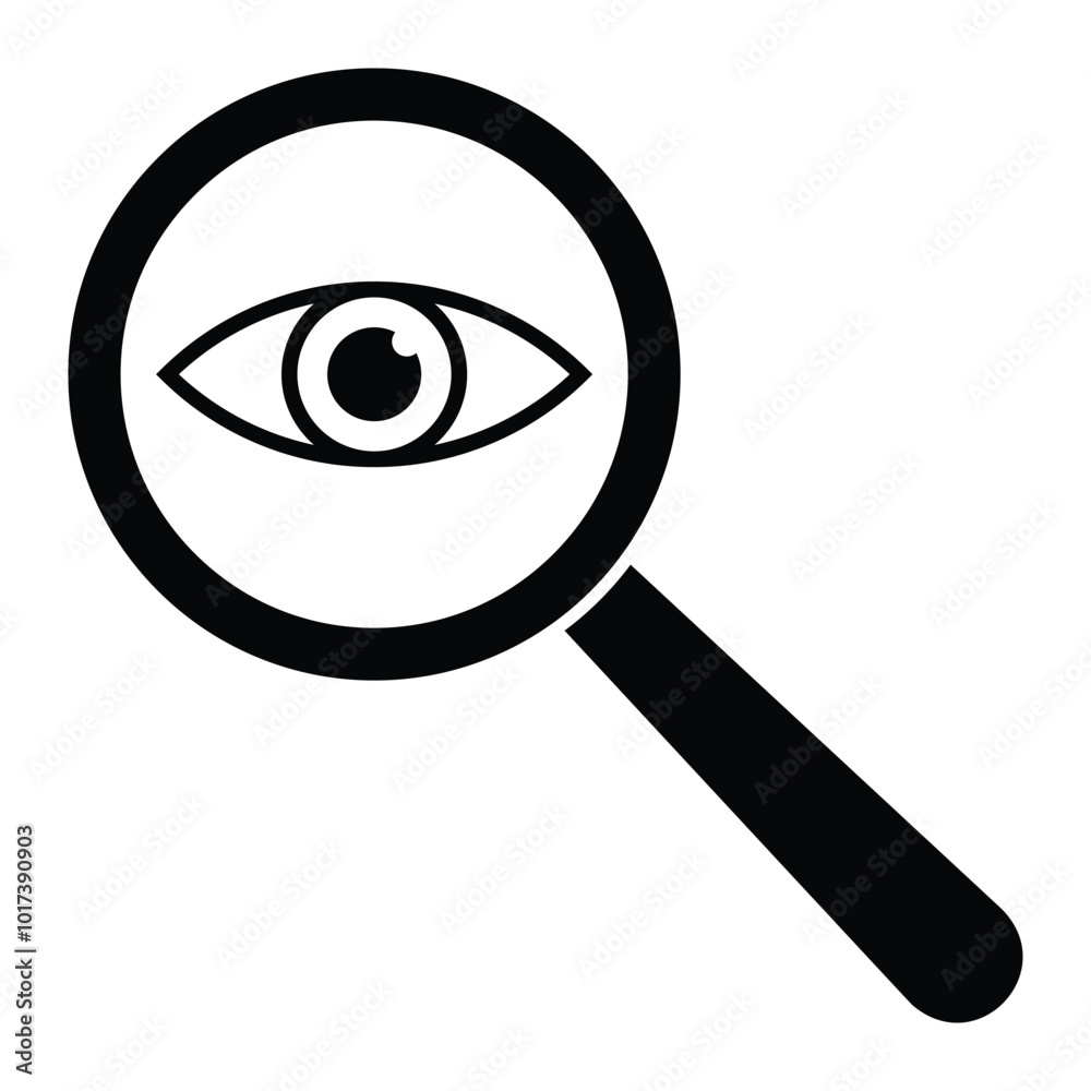 Eye with a magnifying glass vector icon. Eye in loupe symbol. Information search, research. Close look. Isolated on white background. Eye with a magnifying glass vector icon. Eye in loupe symbol. Information search, research. Close look. Isolated on white background.