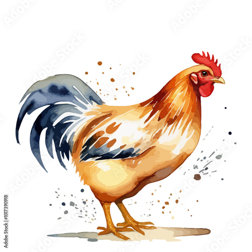 Watercolor illustration of poultry rooster drawing by hand isolated on white background. Rooster icon for graphic, web design, social media banner, background and over. Vector illustration