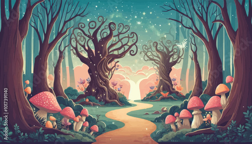 Mystical woodland with ancient trees lush vegetation and sparkling fairy lights background