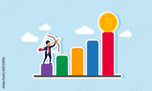 A businessman is aiming at a bitcoin positioned at the peak of a chart, illustrating the goal of buying bitcoin at a specific price hoping for future all-time highs.