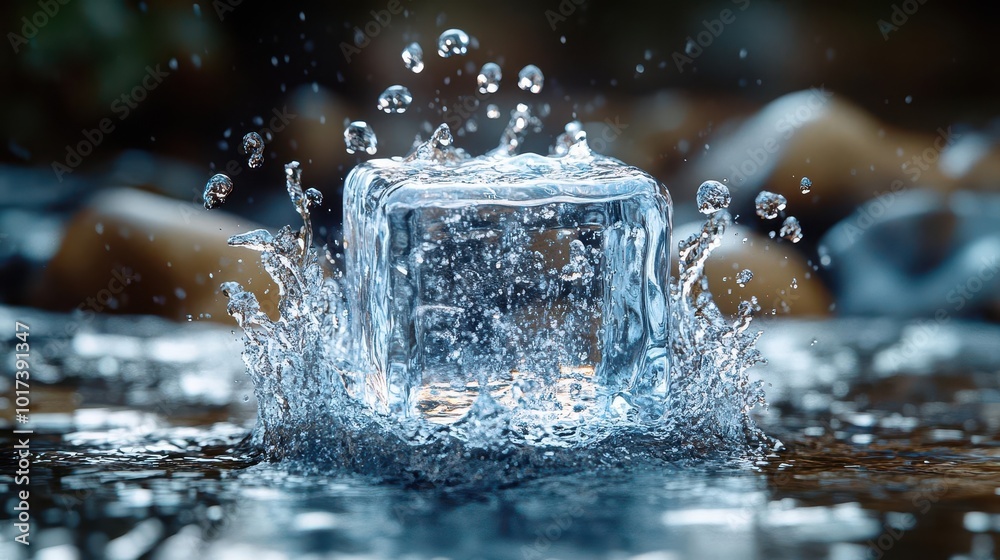 realistic 3d rendering of a crystalclear ice cube splashing into water droplets scattering around showcasing the beauty of aqua streams and frozen forms in a dynamic composition realistic 3d rendering of a crystalclear ice cube splashing into water droplets scattering around showcasing the beauty of aqua streams and frozen forms in a dynamic composition